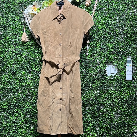 Banana Republic Dresses & Skirts - VTG Banana Republic Brown Leather Short Sleeve Midi Button Down Belted Dress-XS